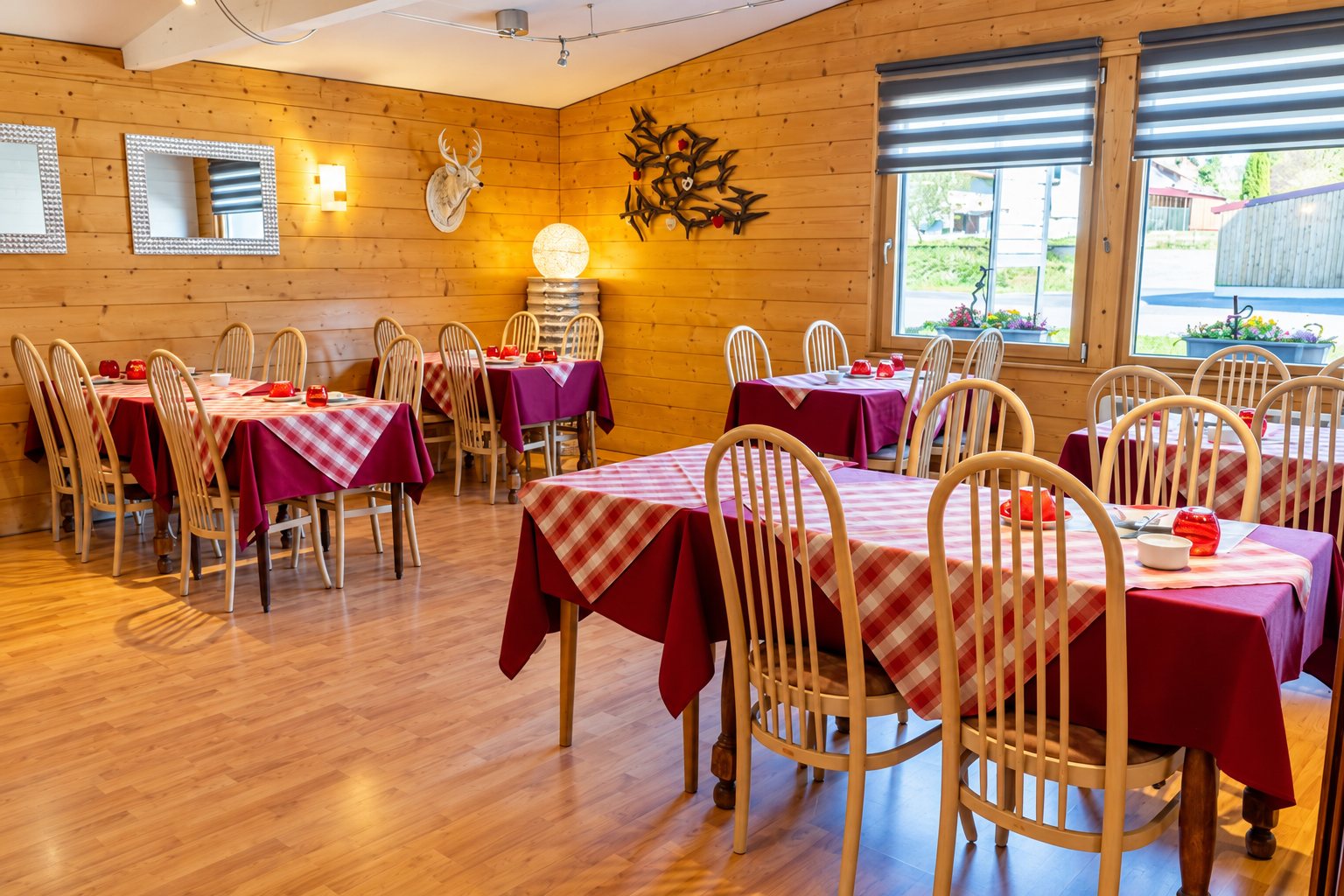 Salle de restaurant aux murs en bois clair, avec des tables recouvertes de nappes bordeaux et à carreaux rouges, entourées de chaises en bois.